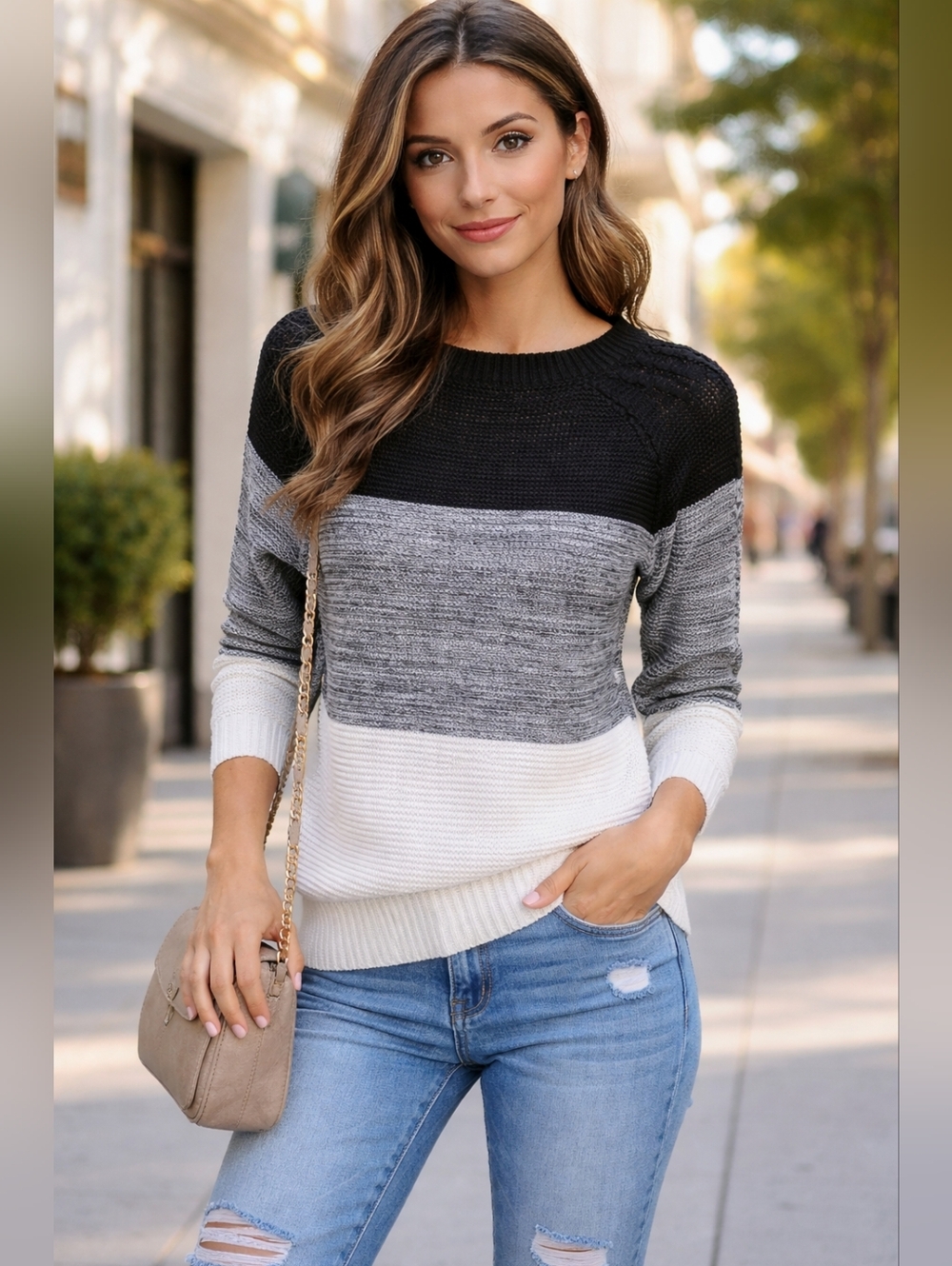 Shein Color Block Knit Sweater Black Gray White Pullover Size Small Fall Cozy